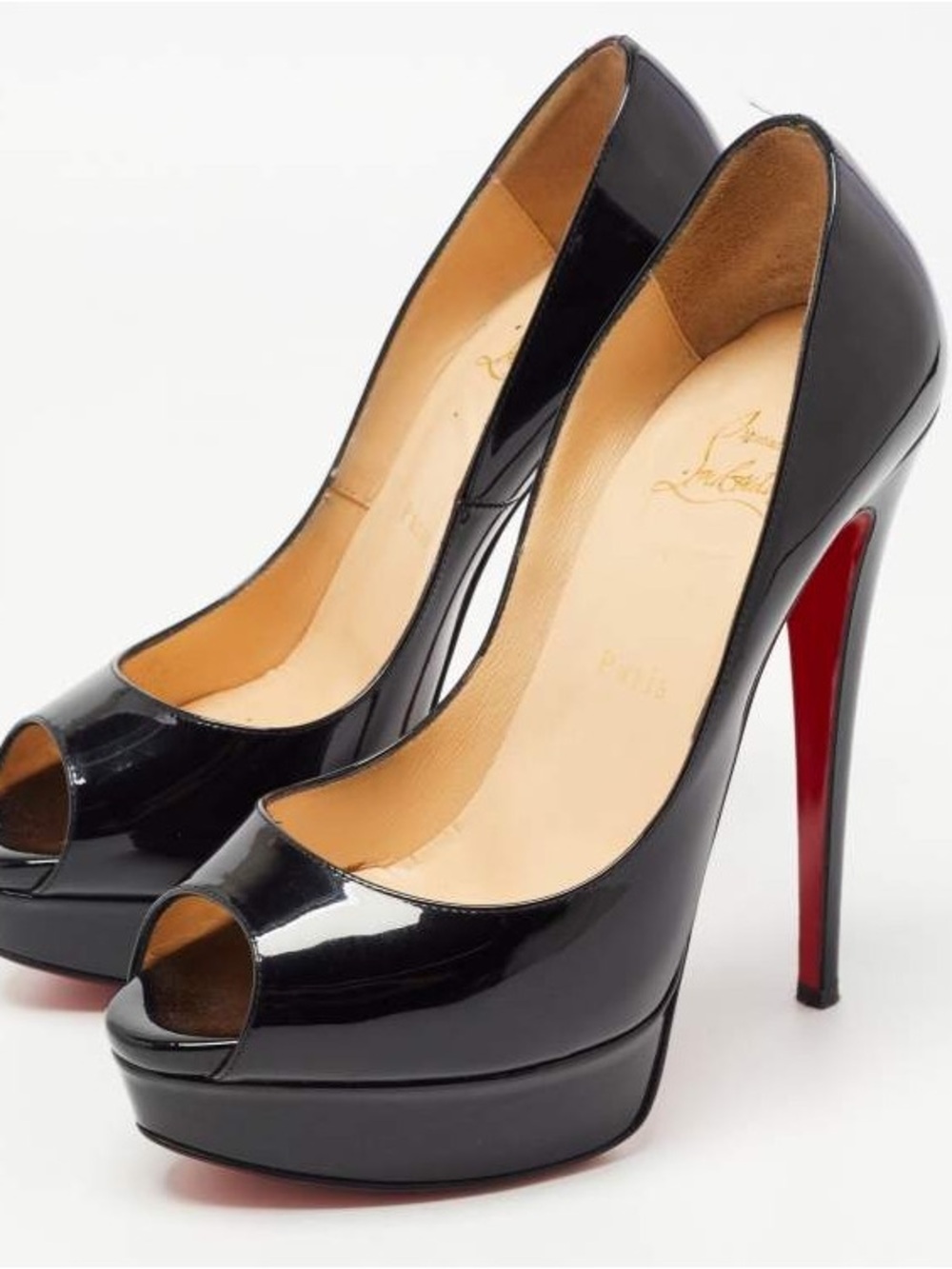 Christian Louboutin Black Patent Leather Peep-Toe Platform Pumps with Red Sole